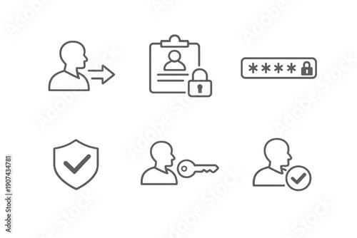 Set of six login, signup and authentication icons in line style. Editable stroke vector collection designed for UI, access control, account systems and digital platforms.