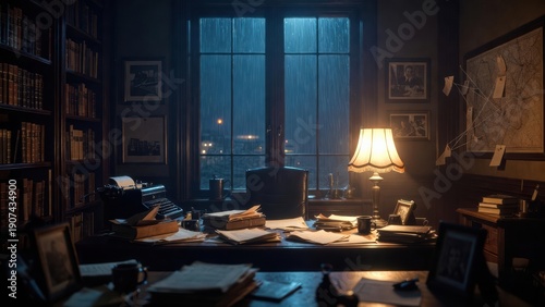 Cozy detective office with lamp and papers on desk at night