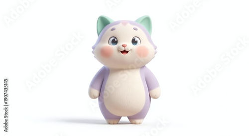 Cute minimal 3D Cartoon Cat Character Standing Upright, Friendly Clay-Style Illustration Isolated on White Background