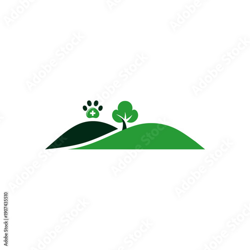 Green Hills with Tree and Paw Prints.