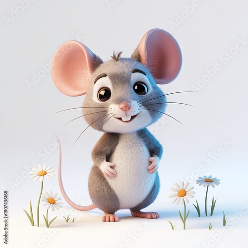 Cute 3D Cartoon Mouse Character Standing Upright, Clean Clay-Style Illustration Isolated on White Background