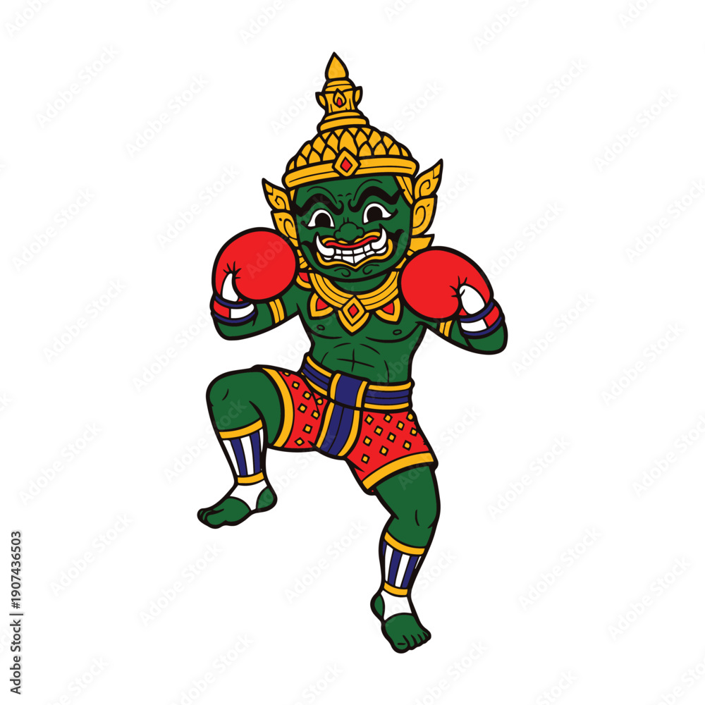 Obraz premium Thai Giant ramayana Boxer muay thai travel in thailand cute cartoon hand drawn vector Illustration on white background