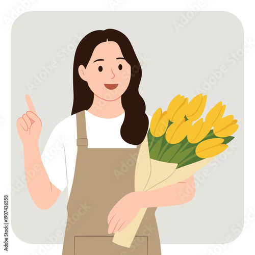 A young woman florist holding a bouquet of yellow tulips and pointing upward. Spring, floristry, fresh ideas, inspiration and positive mood. Vector illustration.