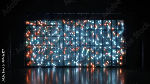 A luminous, grid-like wall with embedded lights reflecting on a dark, wet floor