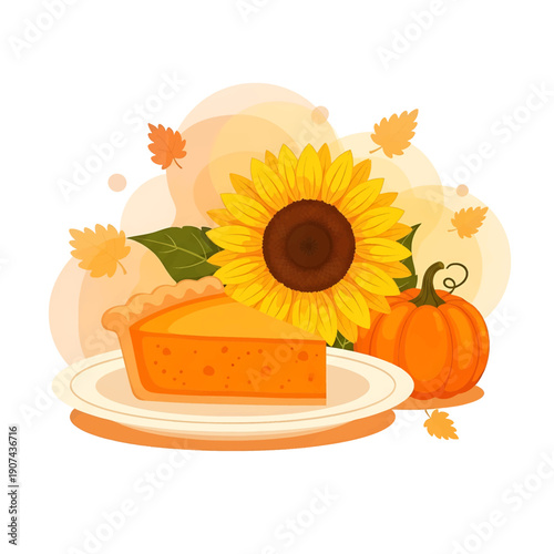 A vibrant illustration of a pumpkin pie slice on a plate next to a vetcor styled pumpkin and sunflower with leaves and autumnal elements.