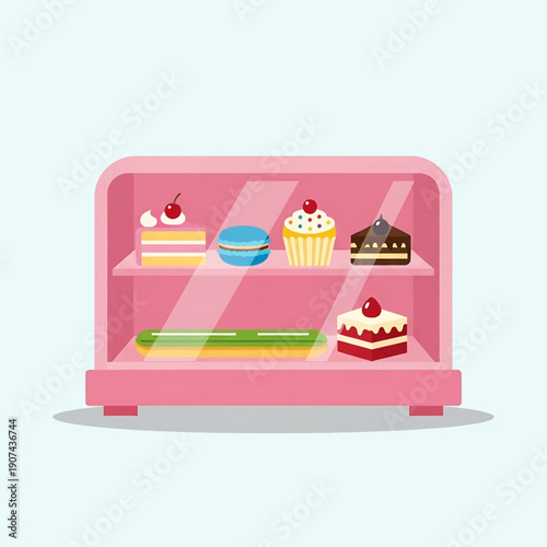 An illustration of a vetcor display case filled with various sweet treats on shelves.