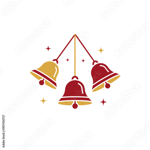 A colorful illustration of three shiny bells hanging from a red string with sparkles around them in a vetcor style graphic.