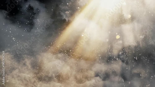 A mystical landscape featuring golden light rays piercing through misty fog