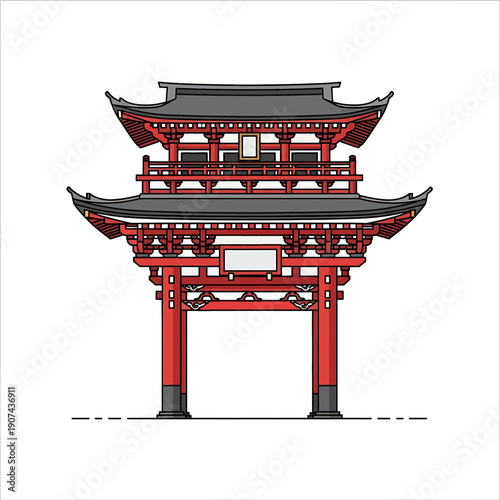 A detailed illustration of a traditional Asian gate, specifically a Chinese pavilion entrance, showcasing vetcor design elements in a serene landscape setting with a blend of cultural architecture.