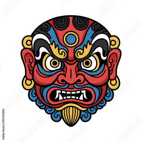 The illustration depicts a fierce vetcor masked face with colorful swirls and patterns on its head in an ancient cultural scene.