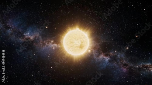 A radiant sun, surrounded by a galaxy of stars, in a vast, dark cosmos