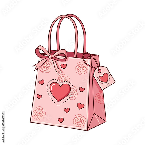 A beautiful pink shopping bag with a heart-shaped design and roses is tied with a ribbon and features a tag on a white background illustration vector.