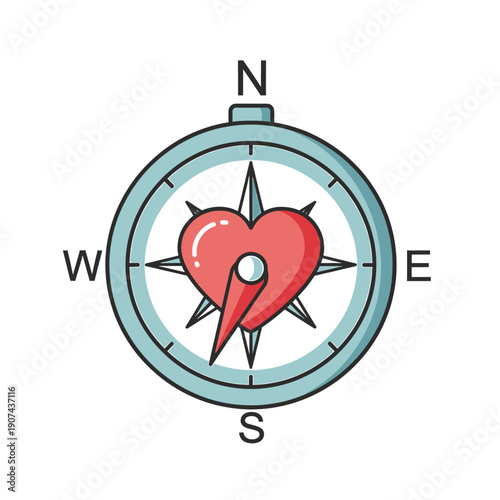 An illustration of a broken heart on a vetcor compass with directional arrows pointing north, south, east, and west.