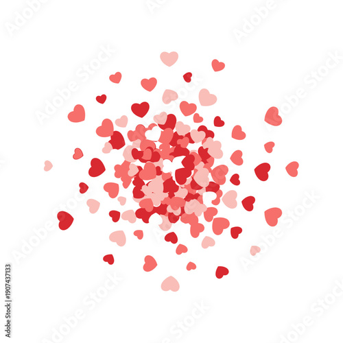 A vibrant vector illustration depicts a festive cluster of red and pink hearts floating gently in mid-air.