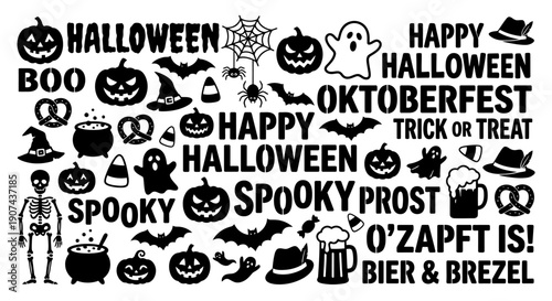 Halloween and Oktoberfest themed icons and typography collection.