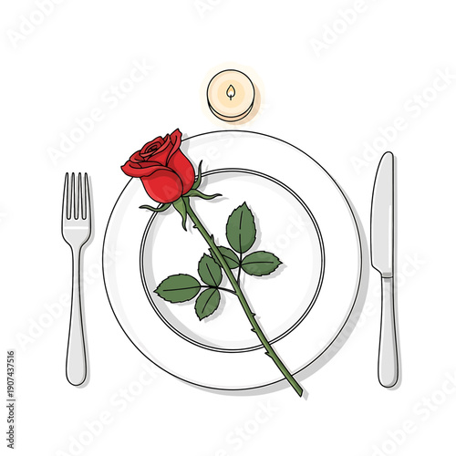 A romantic 2D vector illustration of a red rose on a dinner plate with silverware and a candle nearby.