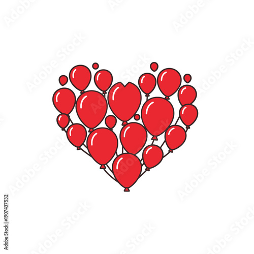 A 2D vector illustration of a heart-shaped cluster of red balloons floating freely in mid-air.