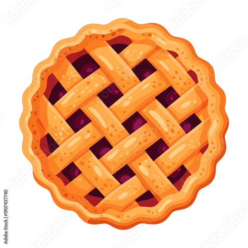 A 2D vector illustration of a delicious homemade pie with a lattice crust and fruit filling on a plate