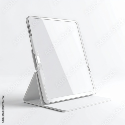 Modern White Tablet Device With Stand Set Against A White Studio Background With Soft Lighting And Subtle Shadows