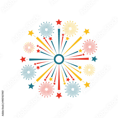 Vibrant fireworks explode in a colorful celebration display with festive stars and streaks.