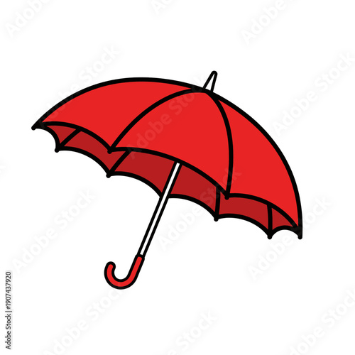 A large red umbrella is open on a rainy day outside.