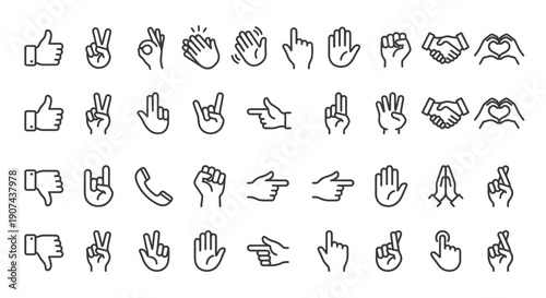 Collection of Hand Gestures and Signs in Simple Line Art.