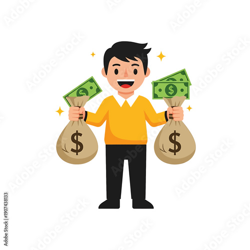A cartoon man holding money bags and cash, smiling, in a celebratory gesture, representing wealth and financial success in a simple illustration style from a straightforward viewpoint.