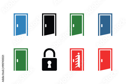 Colorful Doors and Lock Icon Vector Illustration