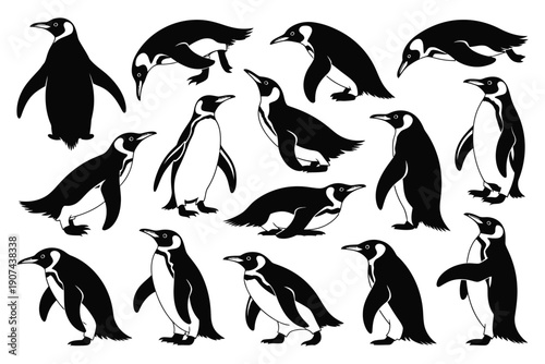 Black and White Silhouette Penguins Group Illustration