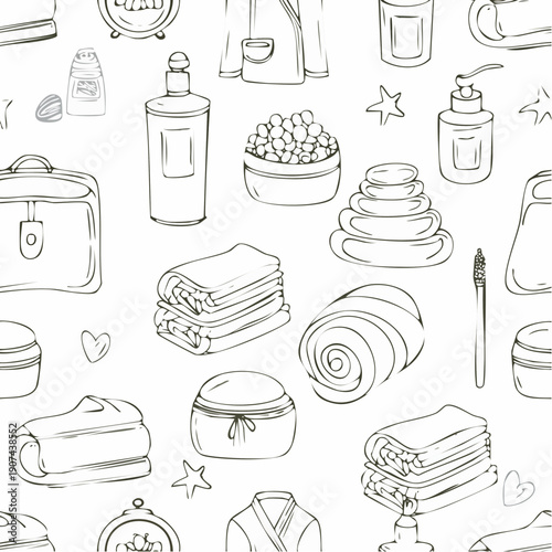 Spa and wellness themed seamless pattern with various objects.