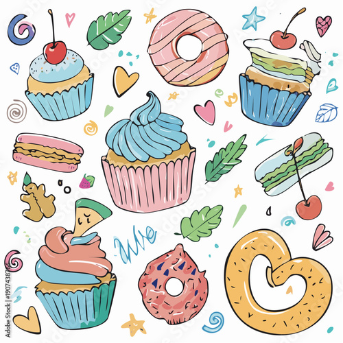 A delightful assortment of handdrawn pastries and sweets perfect for any celebration or sweet craving.