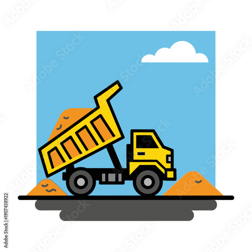 Yellow Dump Truck Unloading Sand Vector Icon. Heavy Construction Machinery Flat Illustration.