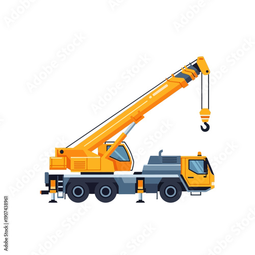 Mobile Crane Truck Illustration. Heavy Lifting Construction Vehicle with Extended Boom and Hook. Flat Vector Isolated on White Background.