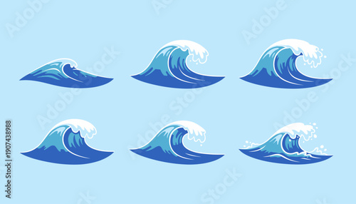 Six blue ocean waves in different crashing positions on light blue background.