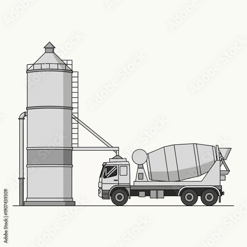 Industrial Concrete Batching Plant Operation: Cement Mixer Truck Loading from Large Silo. Vector Illustration, Grayscale.