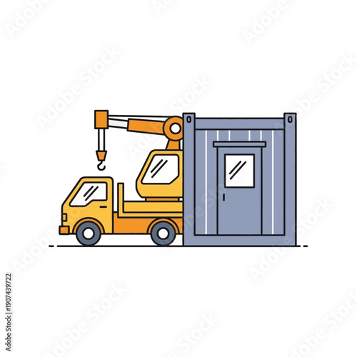 Crane Truck Moving Portable Container Unit Icon. Logistics, Transportation, and Heavy Lifting Service Illustration in Outline Style.
