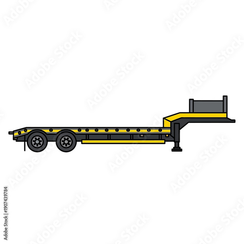 Heavy Duty Lowboy Semi Trailer Vector Icon. Flatbed Low Loader Illustration for Construction Equipment Transport and Logistics.