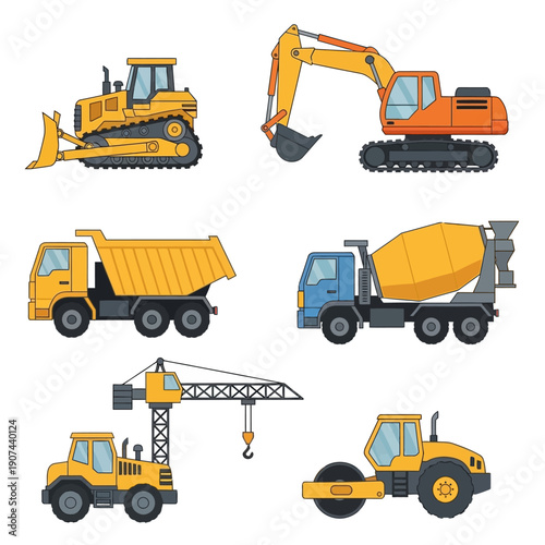 Heavy Construction Vehicles Set: Bulldozer, Excavator, Dump Truck, Crane, Mixer, Roller. Flat Icon Illustration.