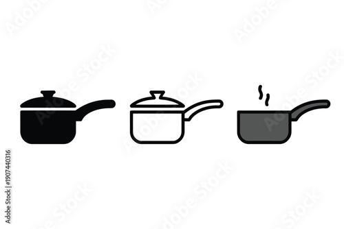 Black and White Cooking Pot with Lid and Steam Icon