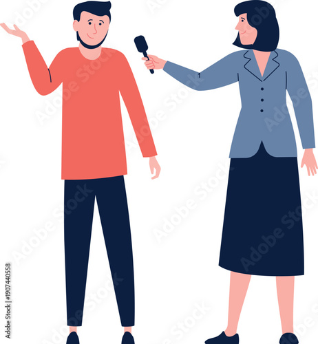 News reportage concept. Female journalist talk with man