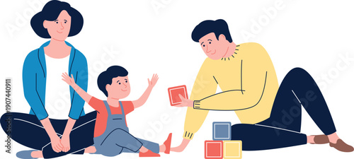 Child play with parents. Educational game puzzle concept