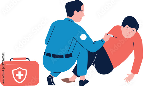 Paramedic make injured guy injection. Medical illustration