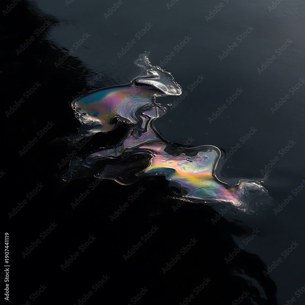 Fototapeta premium Vibrant oil slick on dark water surface with rainbow colors