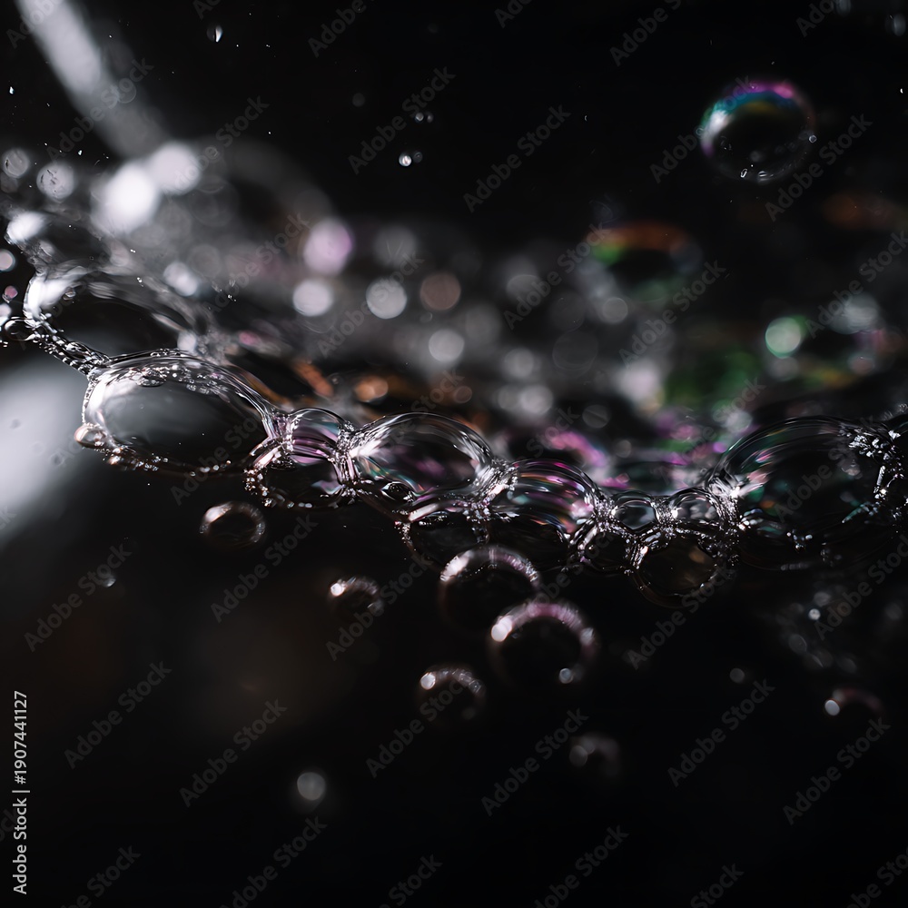 Fototapeta premium Stunning water bubbles floating in dark background with rainbow light reflections