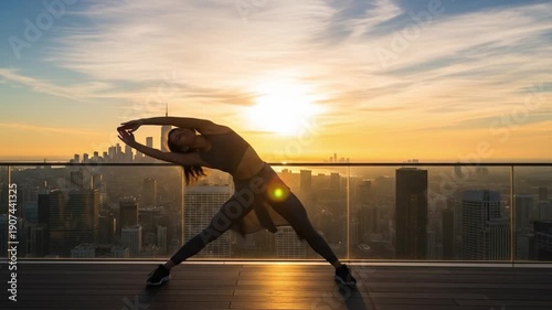 A woman practicing yoga on a rooftop with a city skyline background at sunset. Perfect for fitness, wellness, and meditation materials.