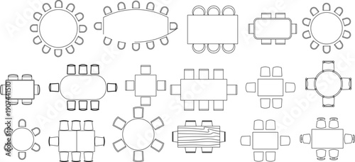 Set of technical vector drawings for architecture and interior design, featuring furniture layouts, electronics, and fireplaces.