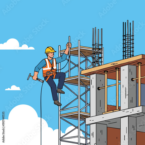 Professional Construction Worker Climbing Scaffolding Platform Wearing Safety Harness and Hard Hat at High-Rise Building Site. Vector Illustration.