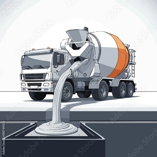 Concrete Mixer Truck Pouring Cement at Construction Site. Vector Illustration of Heavy Machinery Delivering Material for Foundation or Road Building.