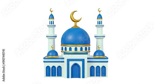 3D Cartoon Mosque with Blue Domes and Golden Crescent