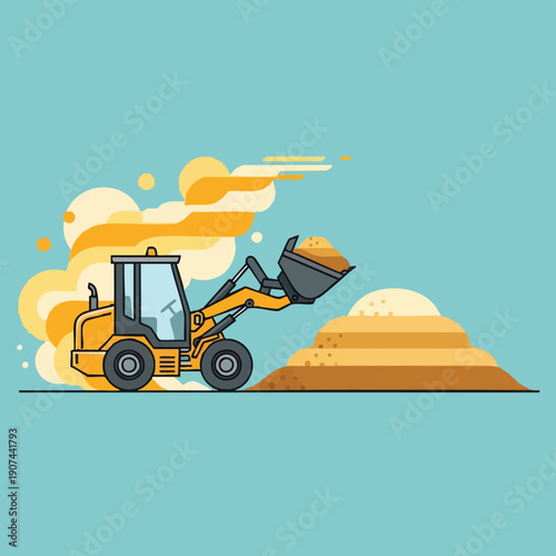Front-End Loader Moving Sand Illustration. Heavy Construction Machinery, Wheel Loader Excavating Dirt on Blue Background. Flat Graphic Vector Art.